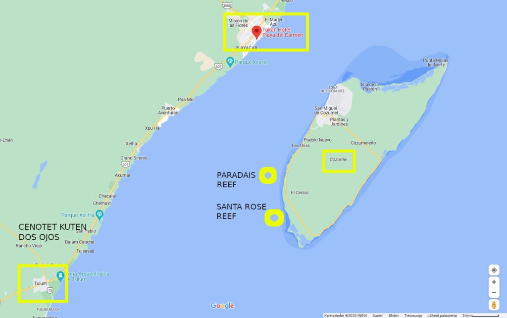 Jukatanin neimimaan kartta cenotet